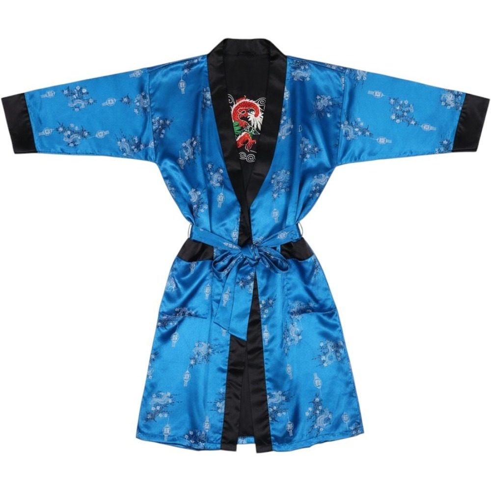 Thai Silk Reversible Dragon Robe Blue Black Embroidered Kimono Wrap XL